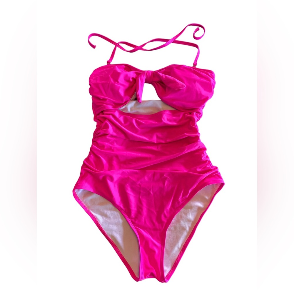 Retro fit hot pink one piece womens monokini high cut swimsuit size large NWOT
